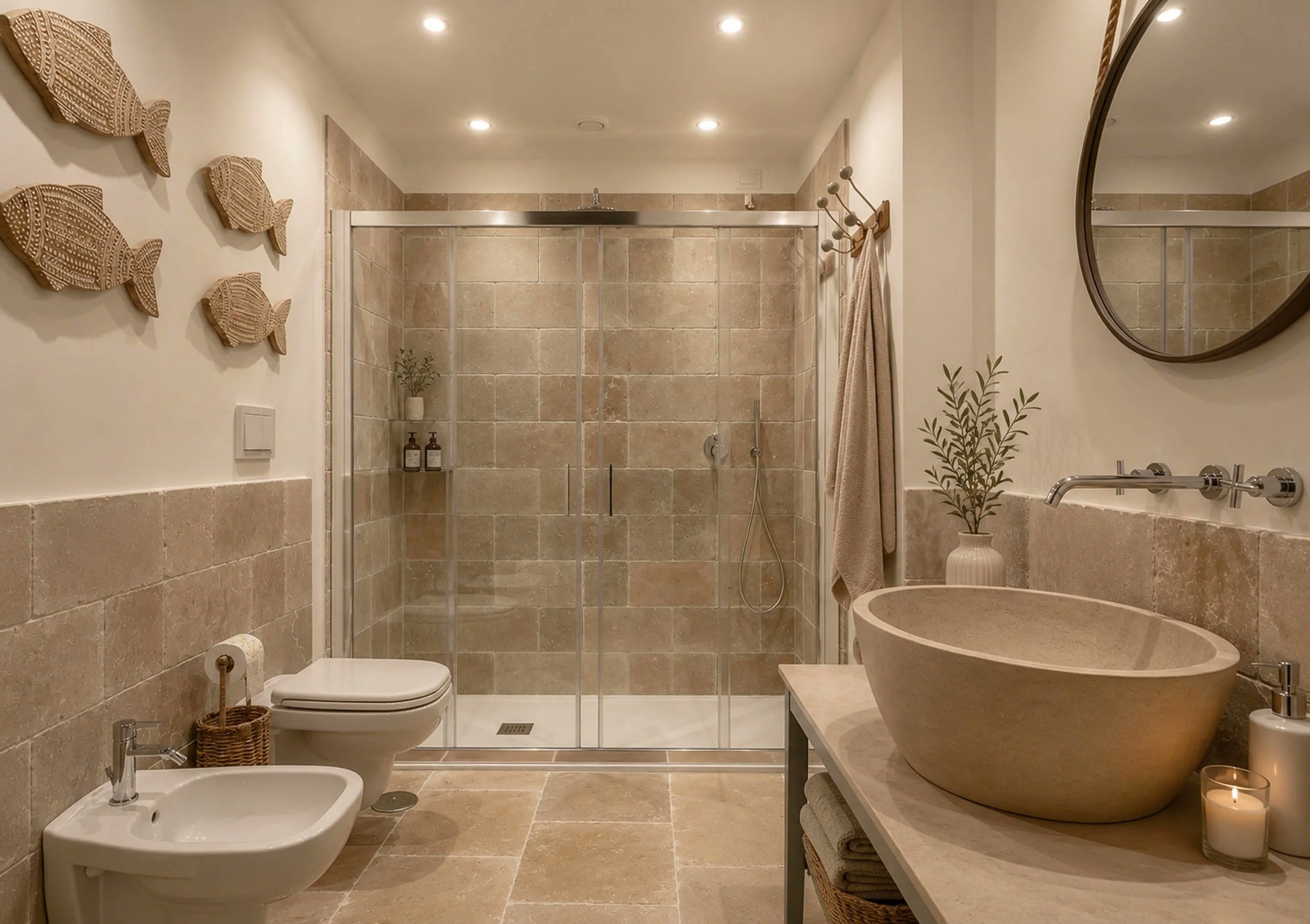 A modern bathroom with a freestanding bathtub, a walk-in shower, and a toilet.
