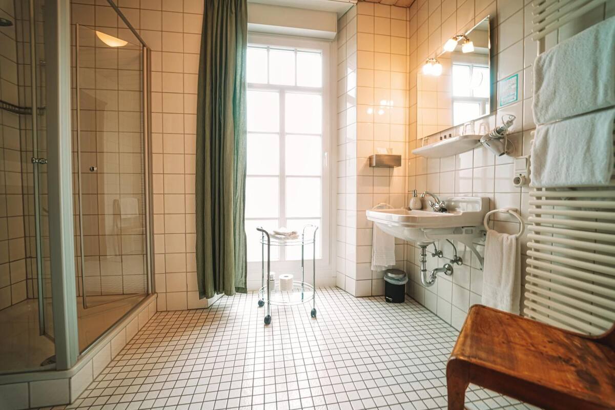 shower, free toiletries, hair dryer, towels