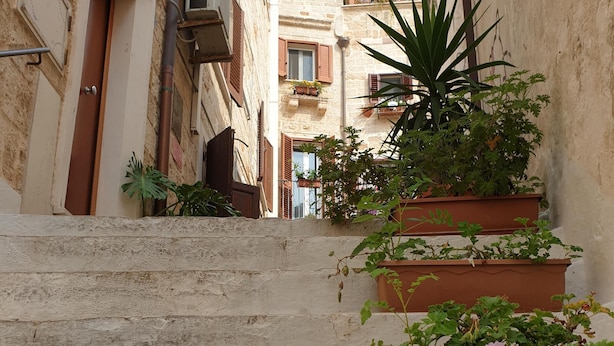 Eine schmale Gasse mit Stufen, die zu einem Gebäude mit mehreren Balkonen führen. Auf den Stufen stehen Pflanzgefäße und Blumen.