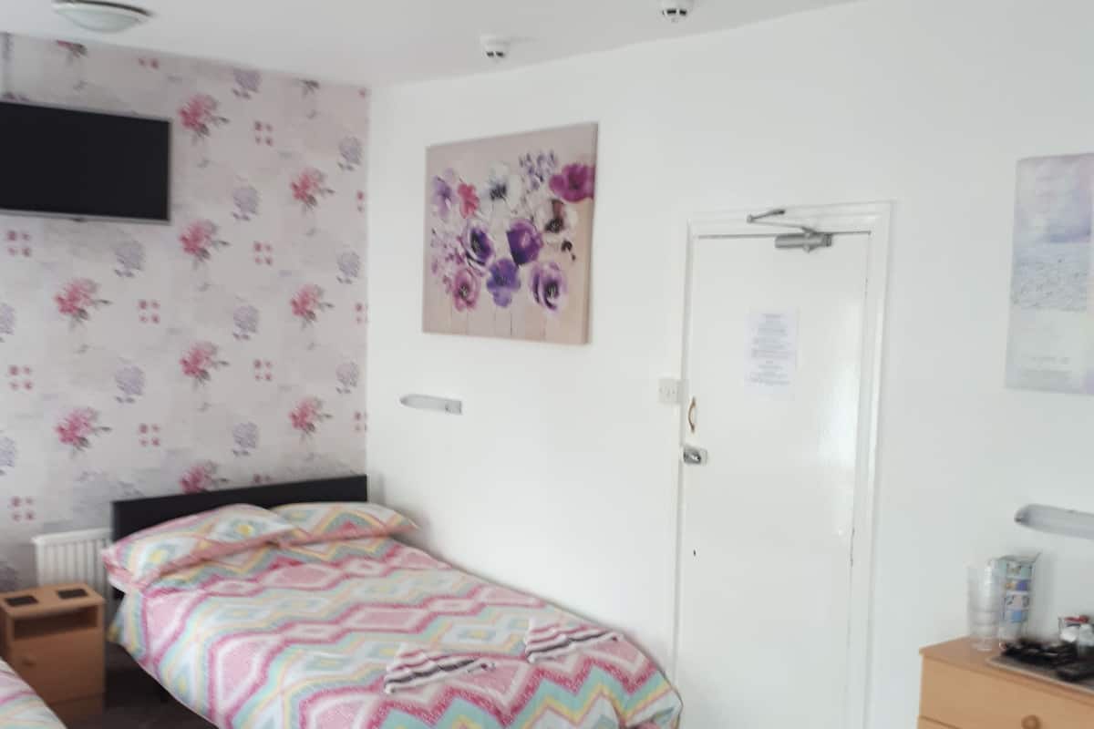 A bedroom with two single beds, a dresser, a door, and a wall-mounted TV.