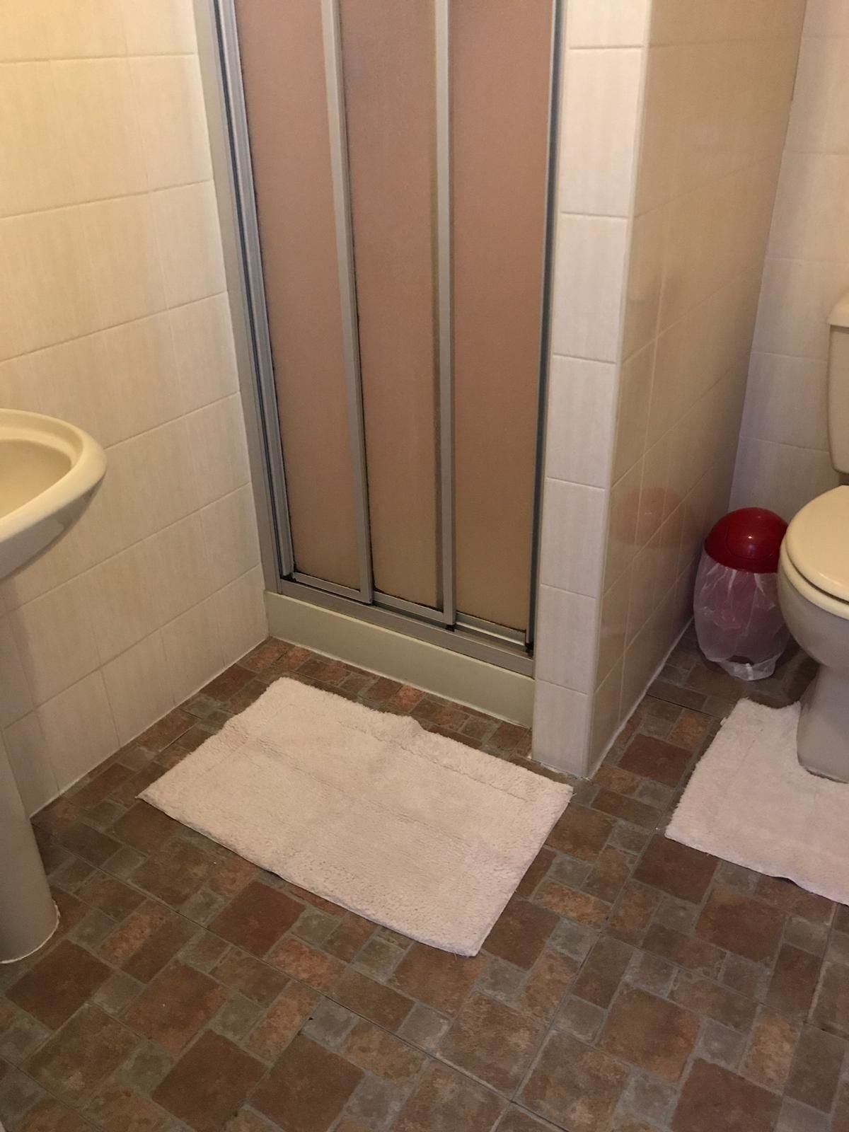 Une salle de bain avec douche, toilettes et lavabo.