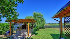 Ein Holz-Sitzbereich im Freien mit Kamin aus Stein, umgeben von einem gepflegten Rasen und einem Wasserspiegel im Hintergrund.