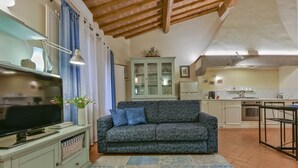 Een gezellige woonkamer met een bank, televisie en decoratieve objecten. Een keuken met witte kasten en een eethoek met een tafel en stoelen is zichtbaar.