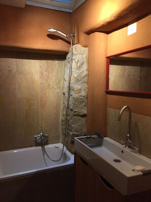 Hair dryer, towels, soap, shampoo