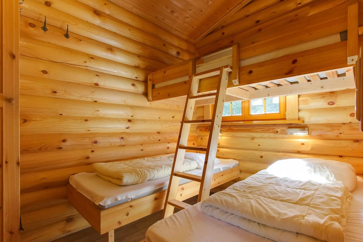 Une cabane aux murs en bois, avec des lits superposés, une échelle et une fenêtre.