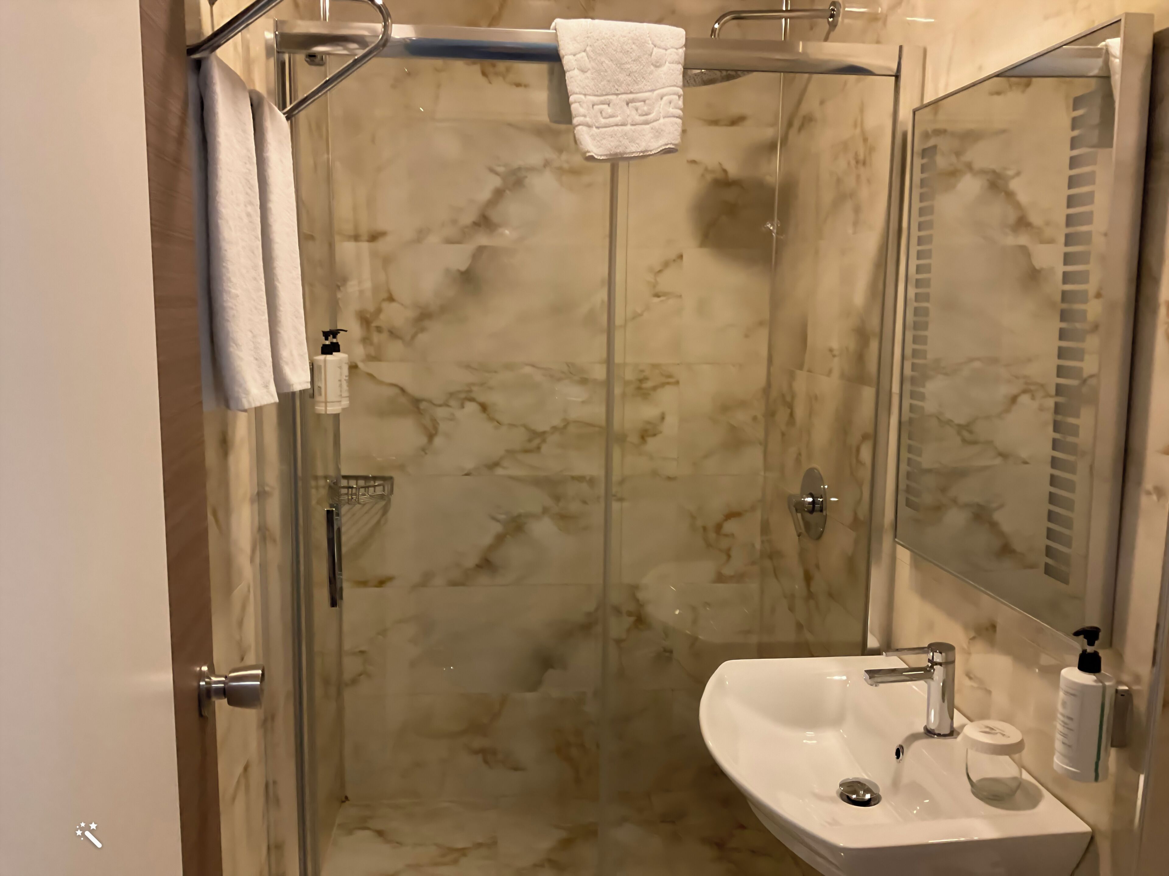 deluxe double room | bathroom | shower, rainfall showerhead, designer toiletries, hair dryer