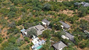 An aerial view of a residential area with multiple houses, surrounded by dense vegetation.