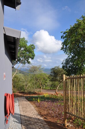 A pathway leading to a building with a garden area, a wooden fence, and a clear view of the surrounding landscape. - Hazyview Buffalo Game Lodge (Mbombela)