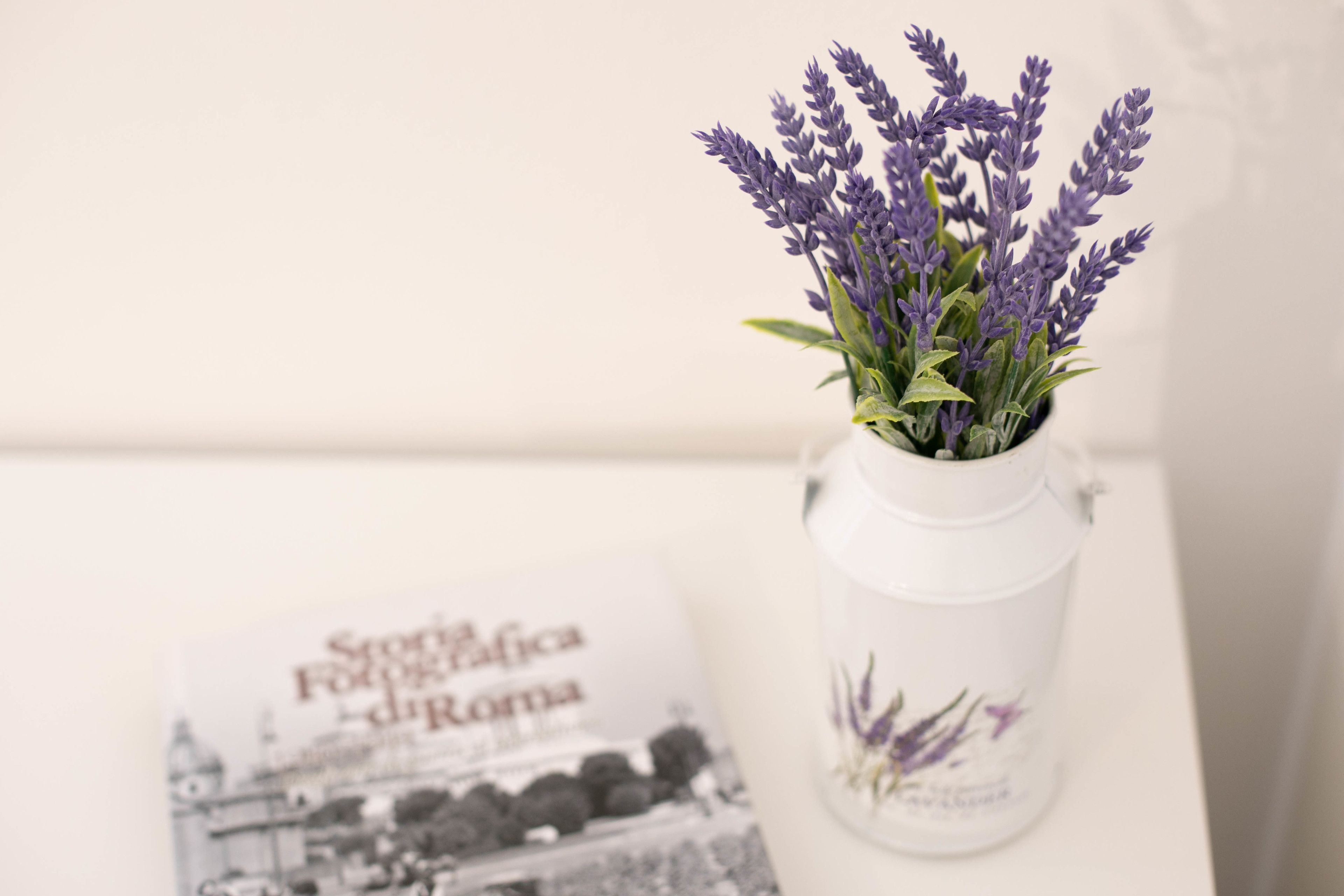 Un vase blanc orné de fleurs violettes et une carte imprimée avec du texte et une image en noir et blanc.