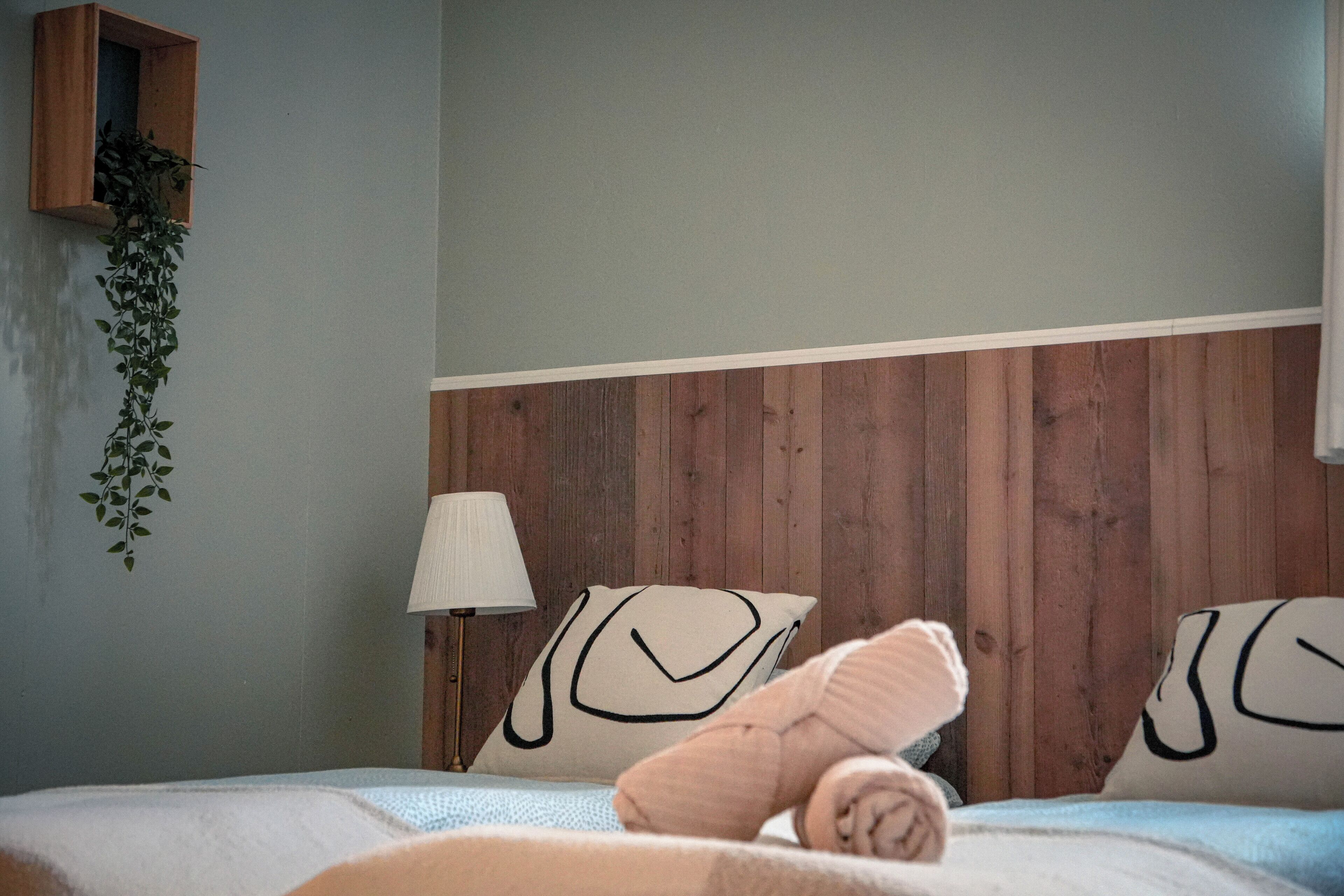 A hotel room with a wooden headboard, a bedside lamp, and a plant hanging on the wall.
