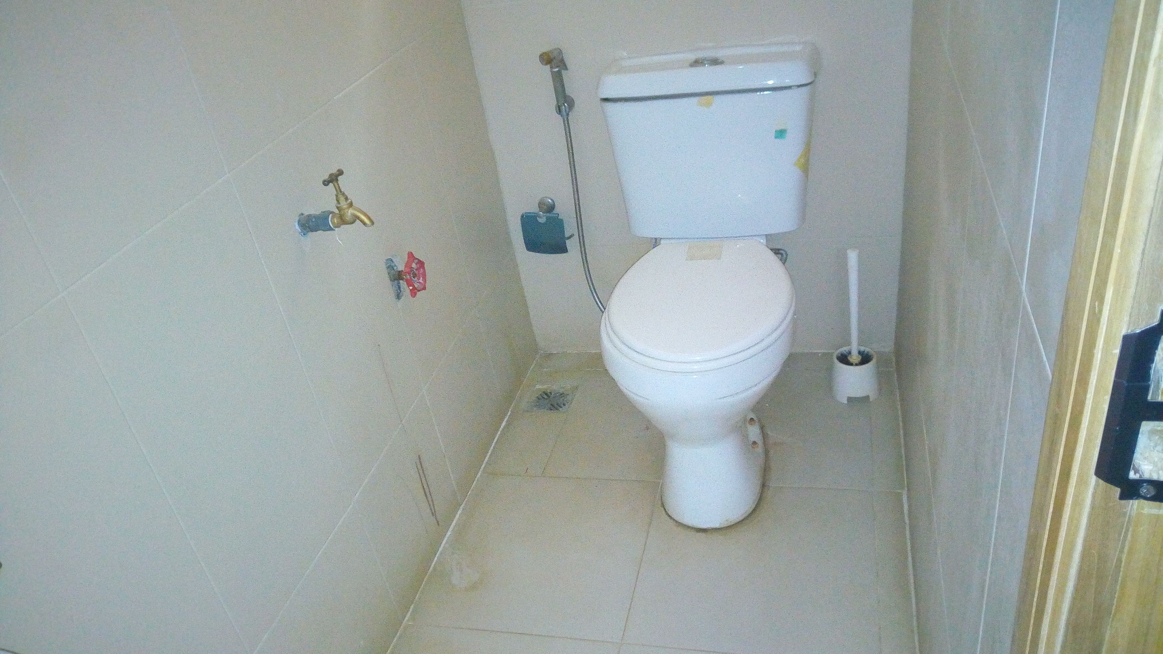 Un baño pequeño y funcional con inodoro, ducha y cepillo de váter.