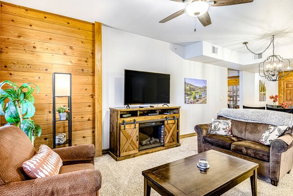 TV, fireplace