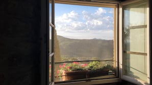 An open window with a view of a mountainous landscape and a flower box on the windowsill.