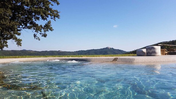 A clear pool with visible mineral deposits, a pebble beach, and a mountainous landscape in the background.