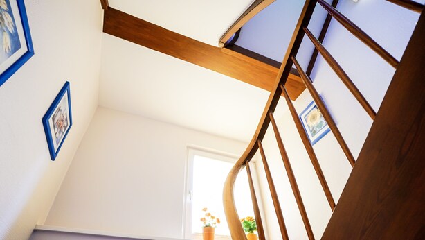 A wooden staircase with a view of a window and a potted plant. - Hotel Sauer Garni (Neu-Isenburg)