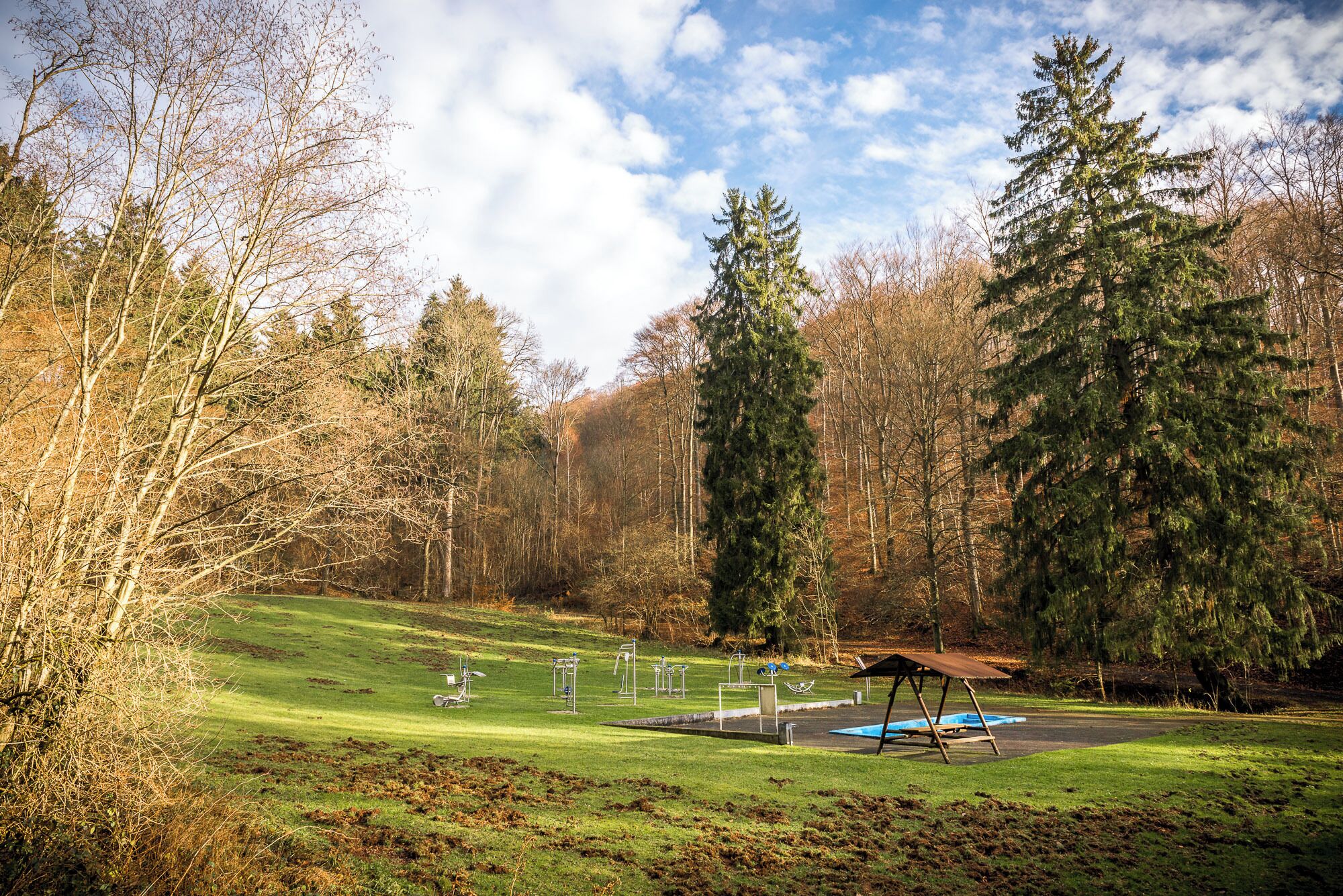 A park with exercise equipment, a picnic table, and a blue play area.
