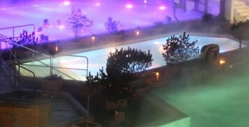 Piscina com cobertura de vidro, cercada por árvores e um muro de pedra.