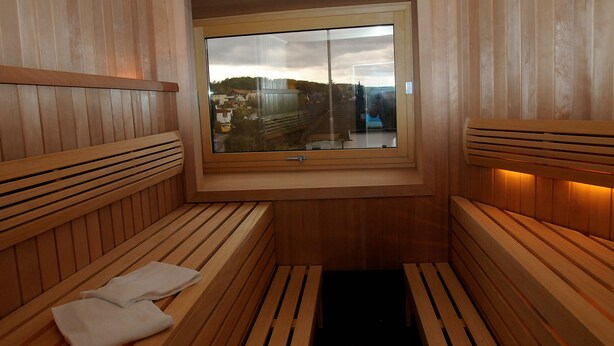 A sauna with wooden benches and a window providing a view of buildings and trees. - DAHL Hotel & Restaurant GmbH (Wachtberg)