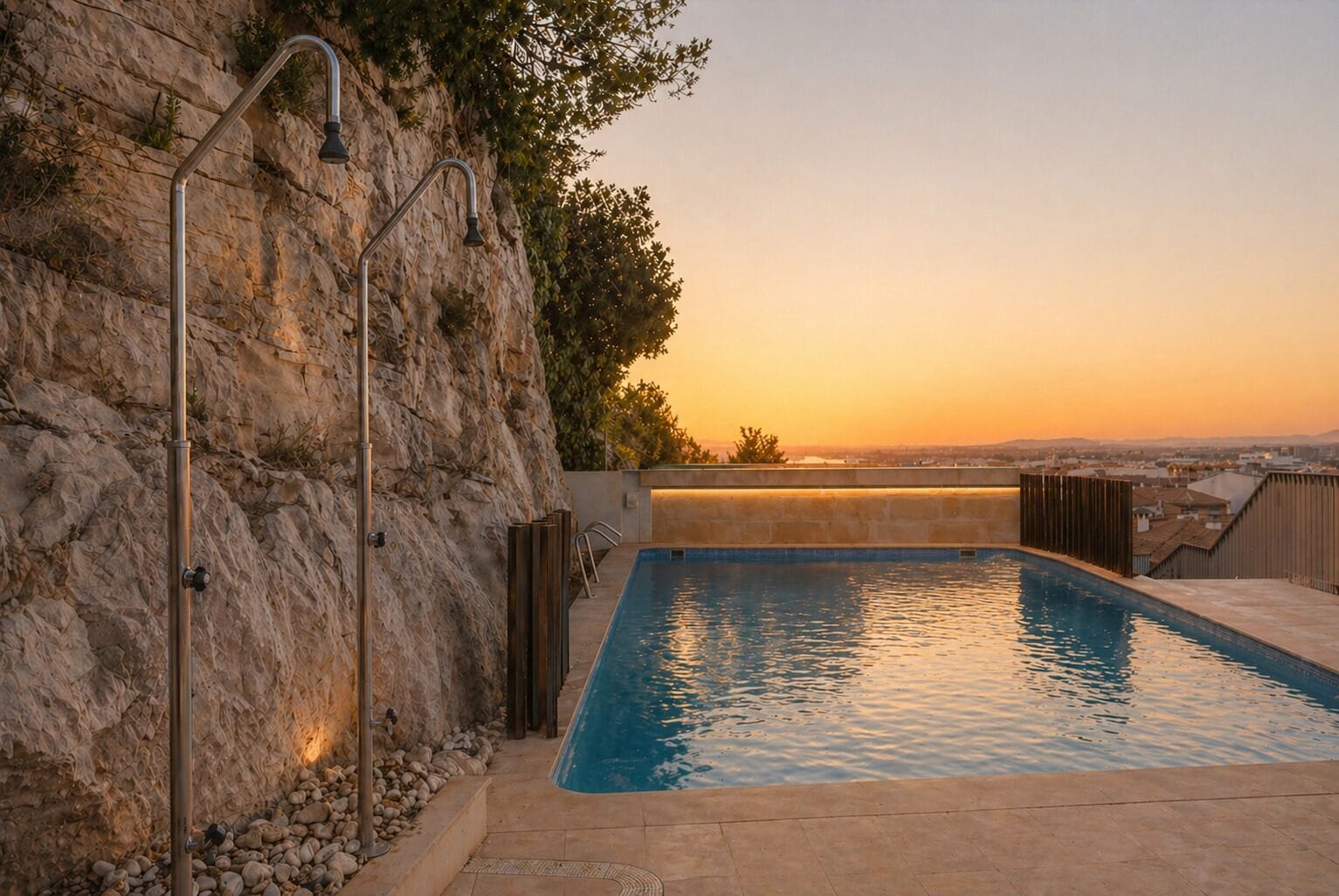 A swimming pool with a stone wall and metal shower, surrounded by a patio area.