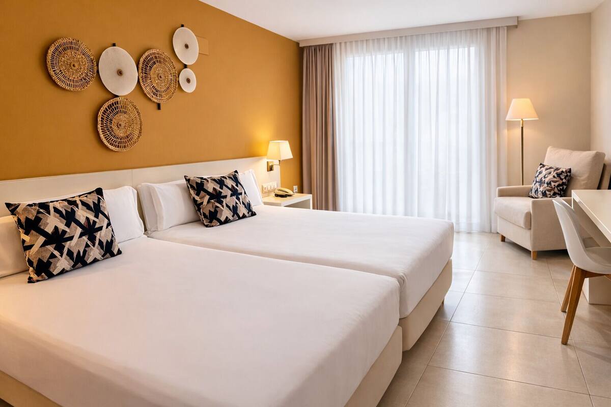 Una habitación de hotel con dos camas, un escritorio, una silla, una lámpara y una ventana con cortinas.