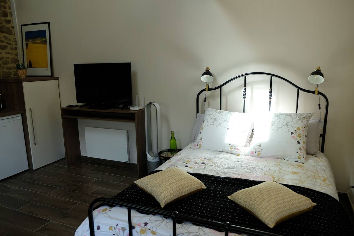 Een slaapkamer met een bed, twee bedlampen, een televisie op een standaard, een klein kastje en een foto aan de muur.