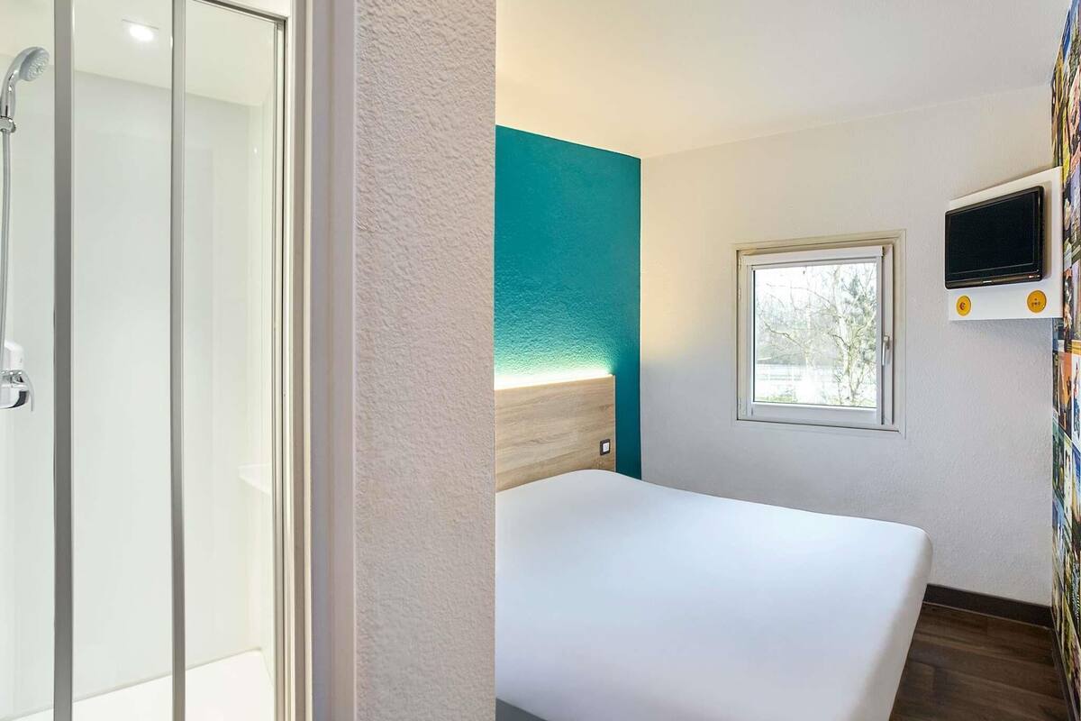 Una habitación de hotel con cama, ventana, televisor y zona de ducha.