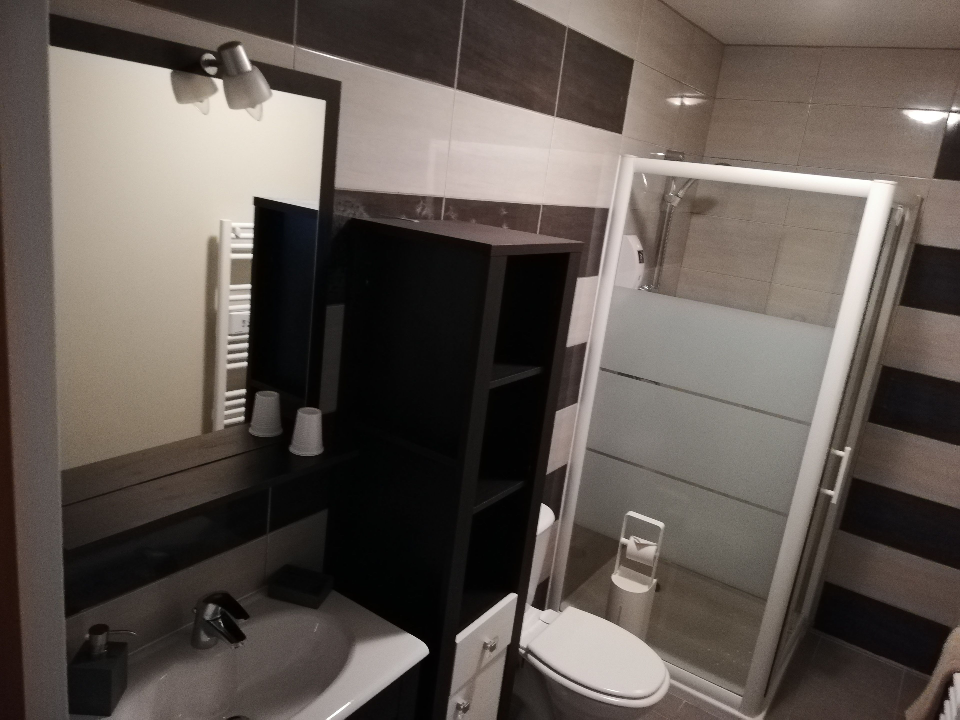 Un baño moderno con un lavabo blanco, muebles oscuros, un espejo y una cabina de ducha de vidrio.