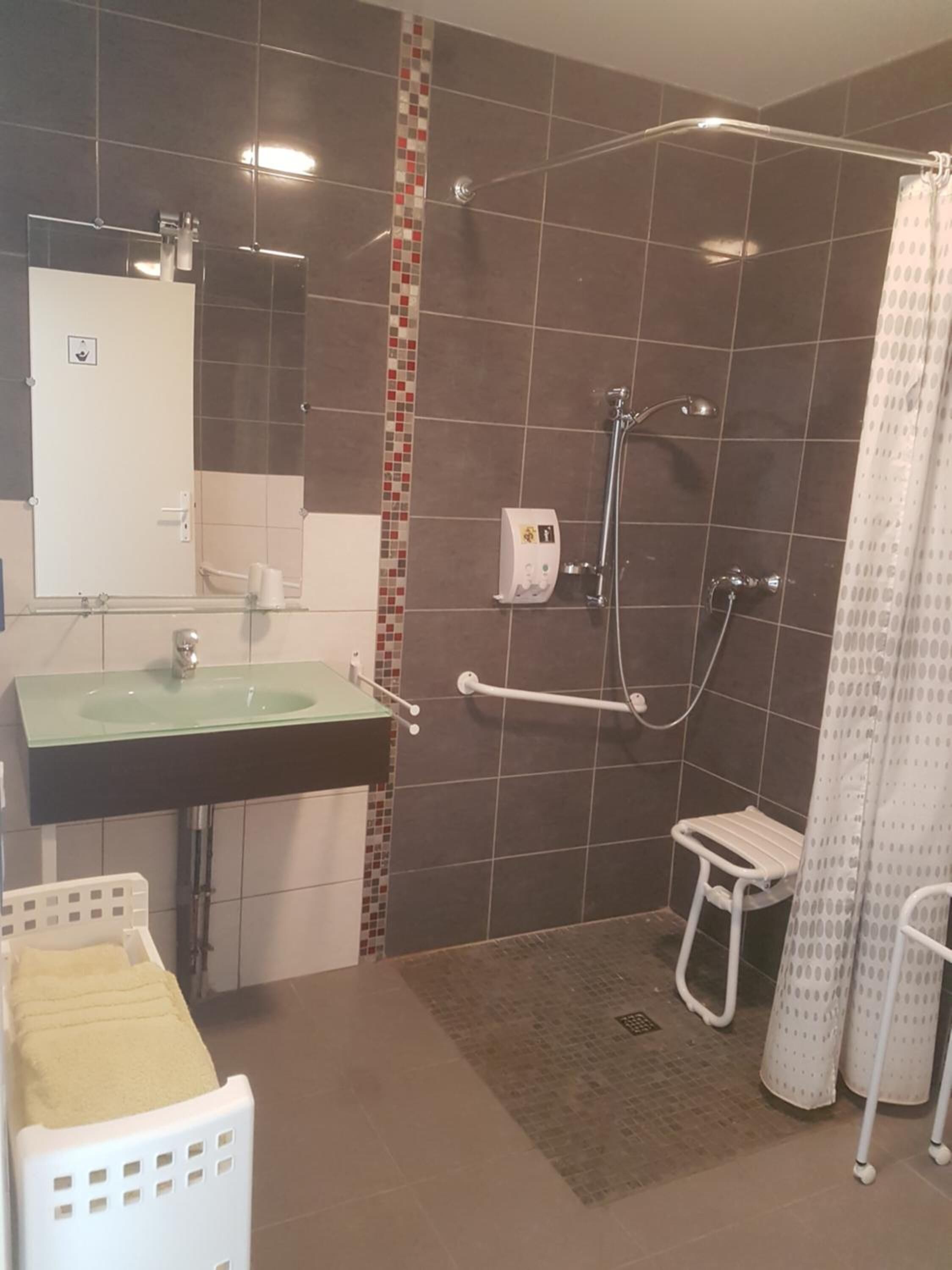 Uma casa de banho com chuveiro, pia, sanita e barra de apoio.