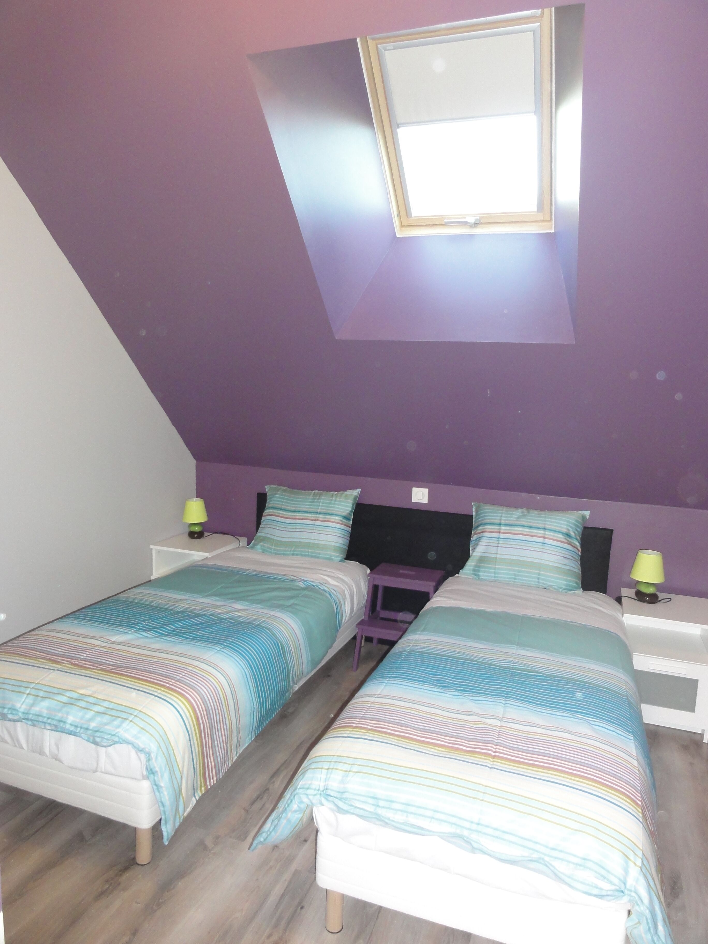 A bedroom with two beds, a skylight, and purple walls.