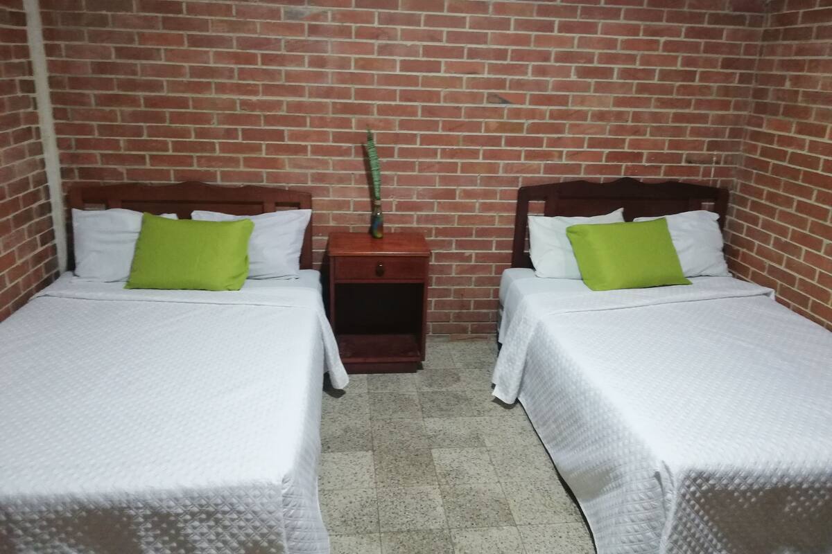 A room with two single beds, each with white bedding and a green pillow. There is a wooden nightstand between the beds with a small plant on it. The walls are made of red bricks.