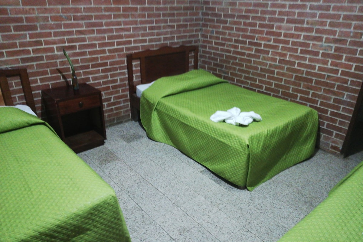 A small, clean room with two single beds, a wooden nightstand, and a brick wall.