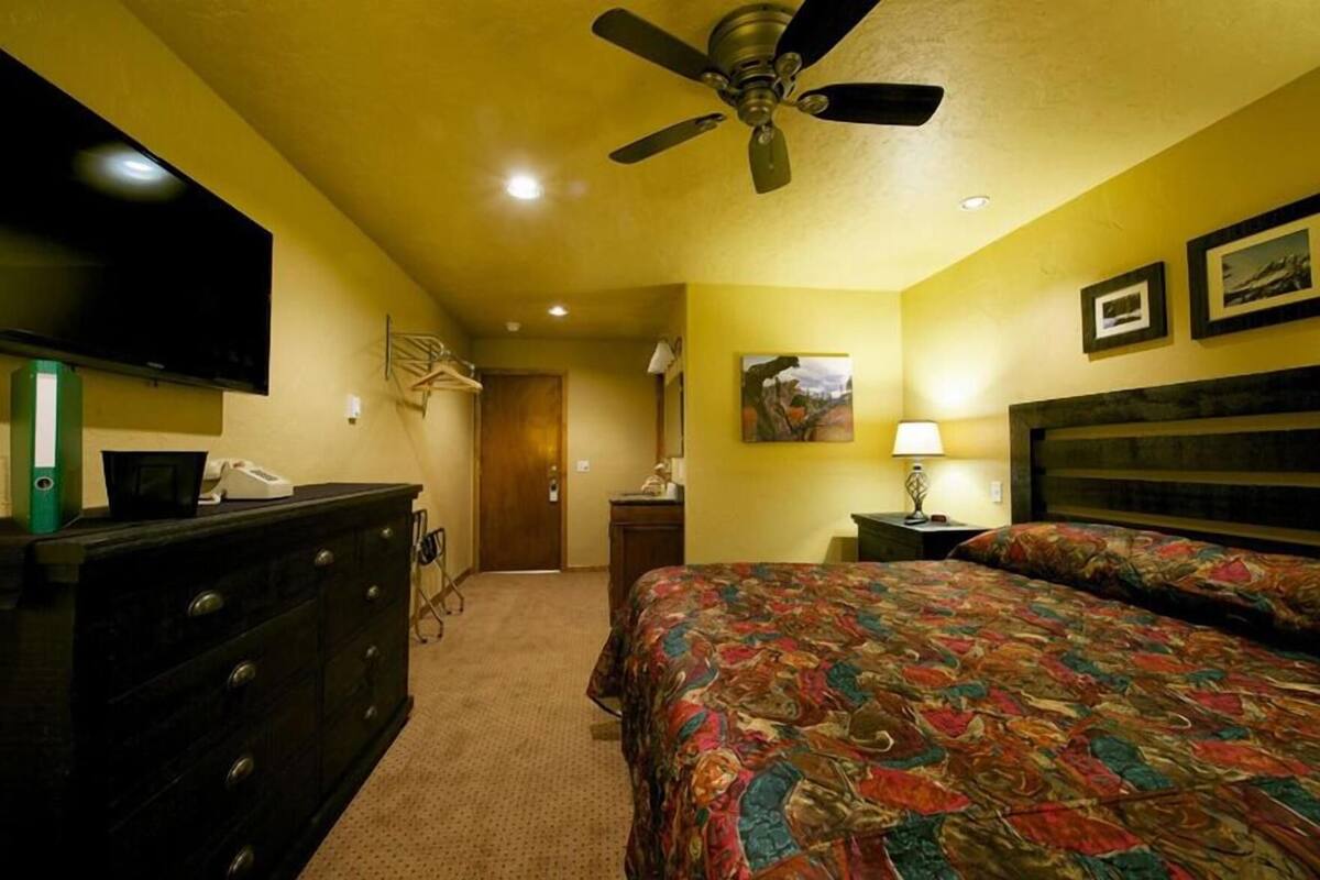 Une chambre d’hôtel comprenant un lit, une commode, un bureau, une lampe, un ventilateur de plafond, des œuvres d’art et un téléviseur.
