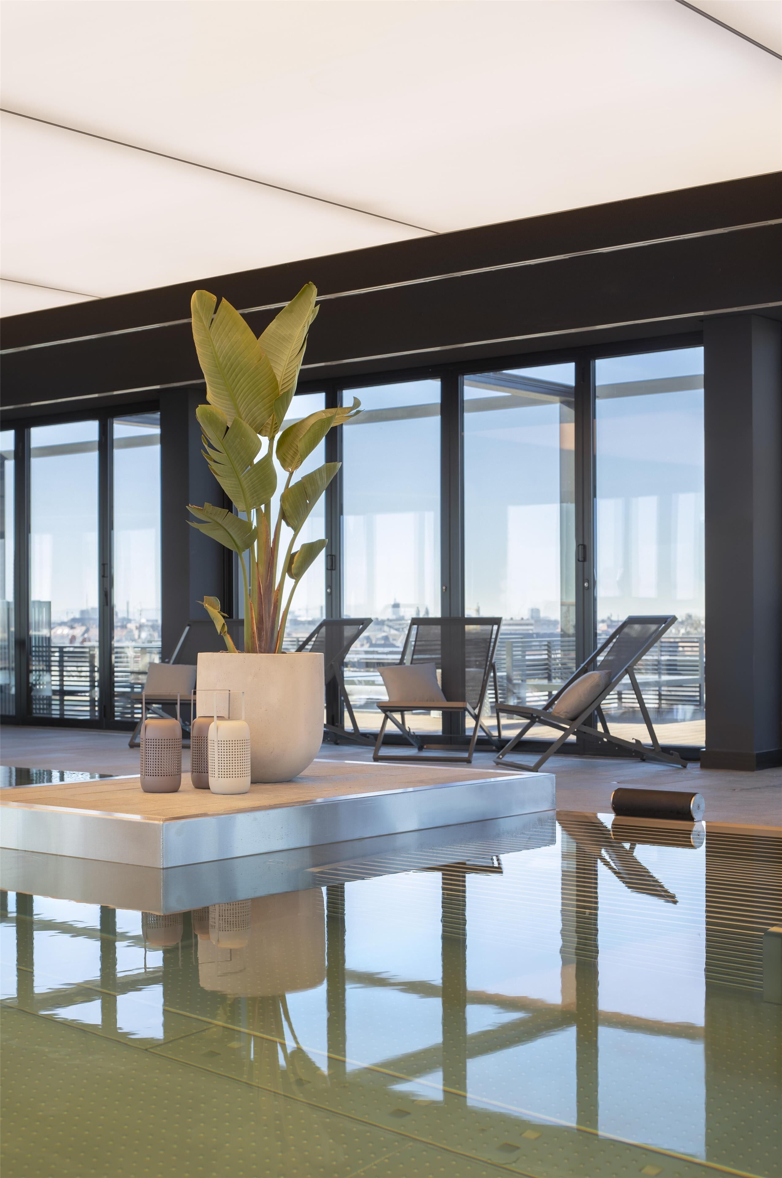 Un espacio interior moderno con una planta grande en maceta, sillones de descanso y un suelo reflectante.