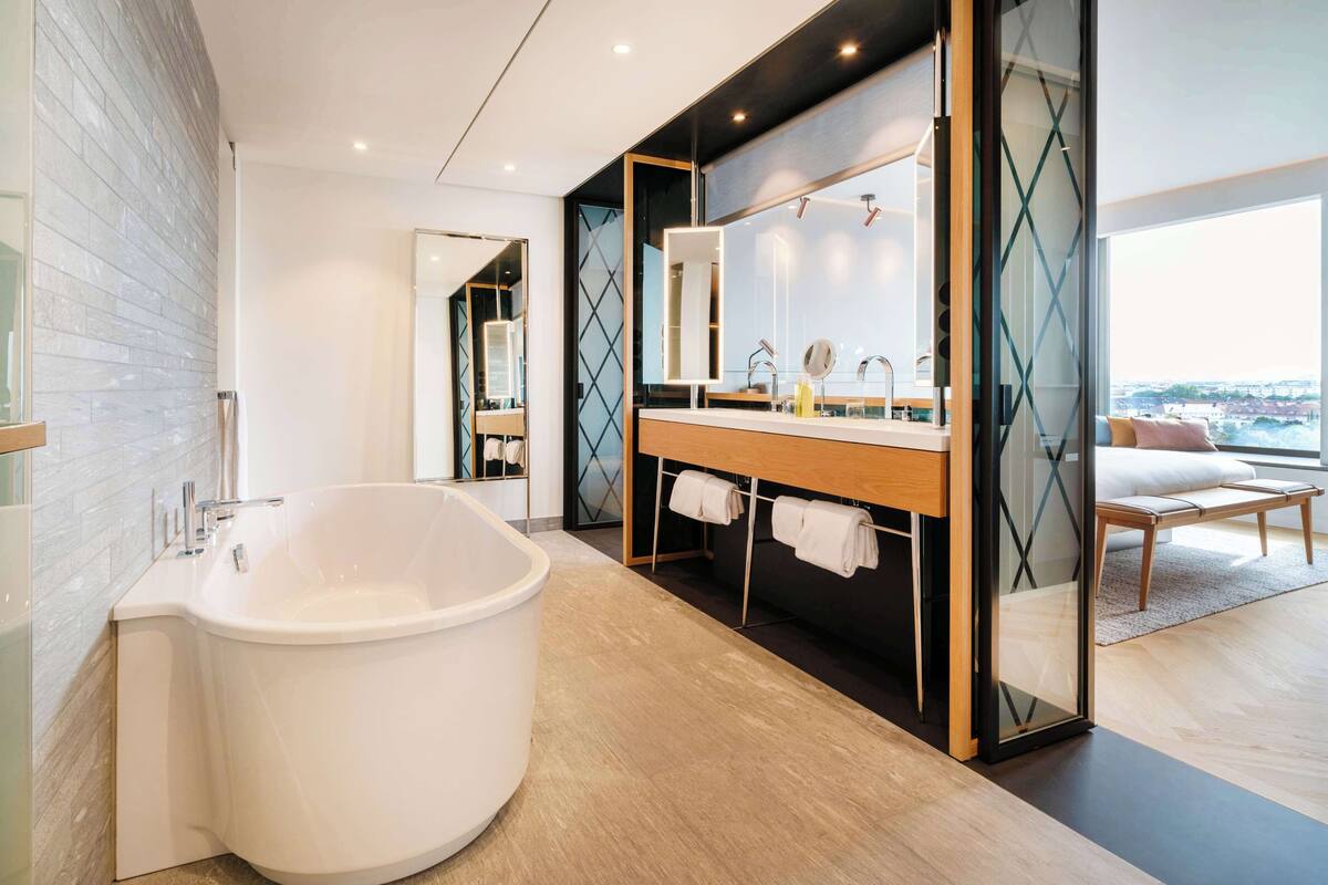 shower, rainfall showerhead, designer toiletries, hair dryer