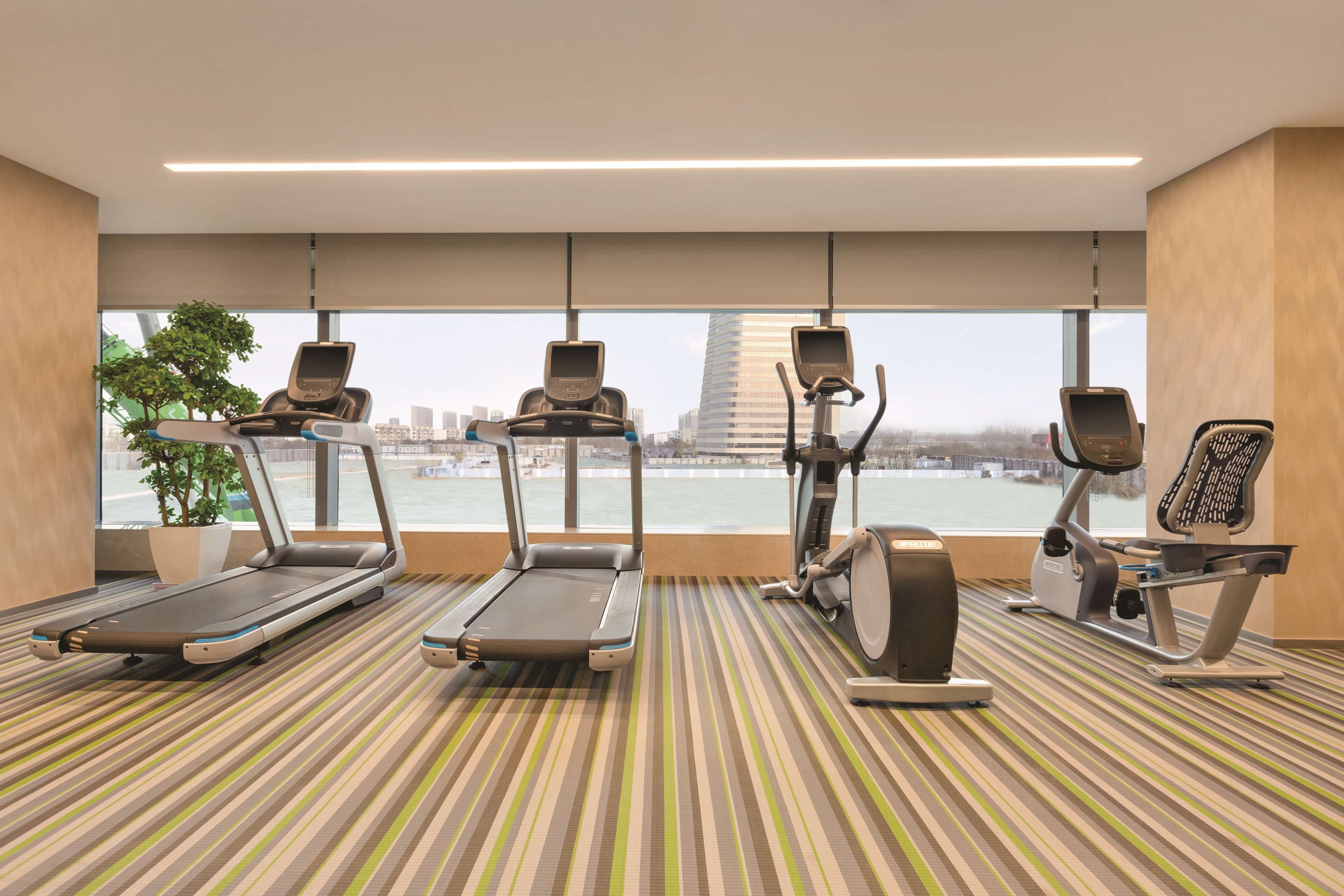 Un gimnasio con cintas de correr, elíptica y bicicleta estática, con vistas a un paisaje urbano y un río.