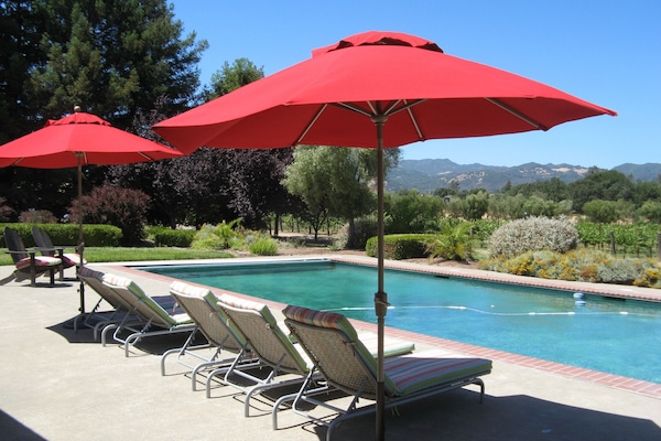 By the pool with garden, vineyard and mountain views.