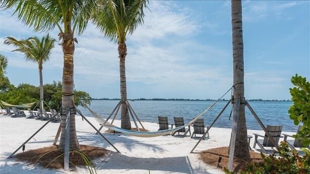 A beach with hammocks and chairs, palm trees, and a view of the water. - Waterfront on Anna Maria Sound ~ Beaches just minutes away! (Bradenton)