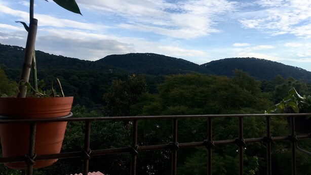 A balcony with a potted plant, overlooking a mountainous landscape with dense greenery. - LOveFT The place to be t Valle de Bravo (Valle de Bravo)