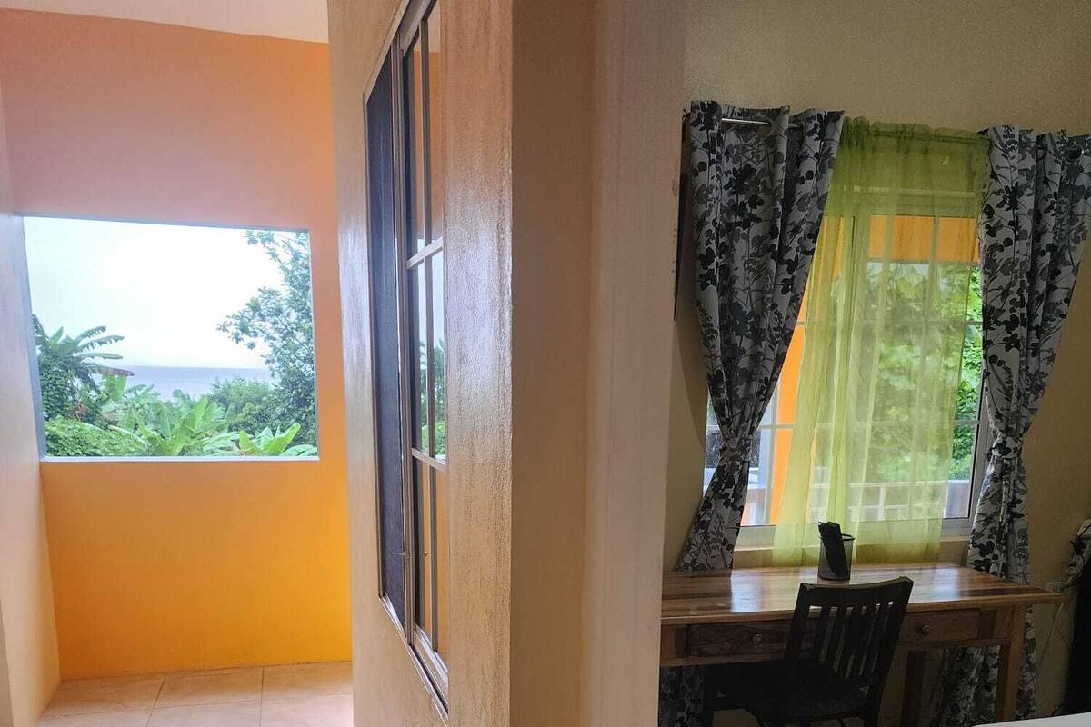 A room with a bed, a desk, and a chair. There is a window with curtains, a door, and a view of greenery outside.