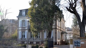 Ein historisches Gebäude mit einer symmetrischen Fassade, einem zentralen Eingang und einem großen Baum davor.