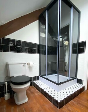 Une salle de bain avec une douche à parois de verre, des toilettes et un sol carrelé.