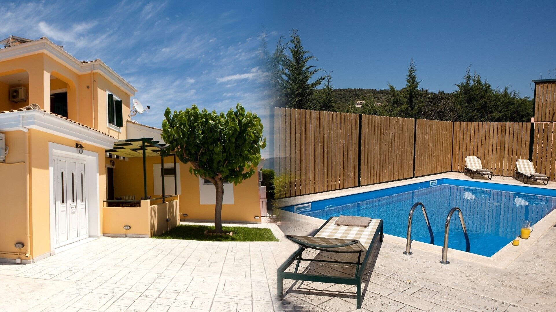 A residential property with a swimming pool, a wooden fence, and a small tree.