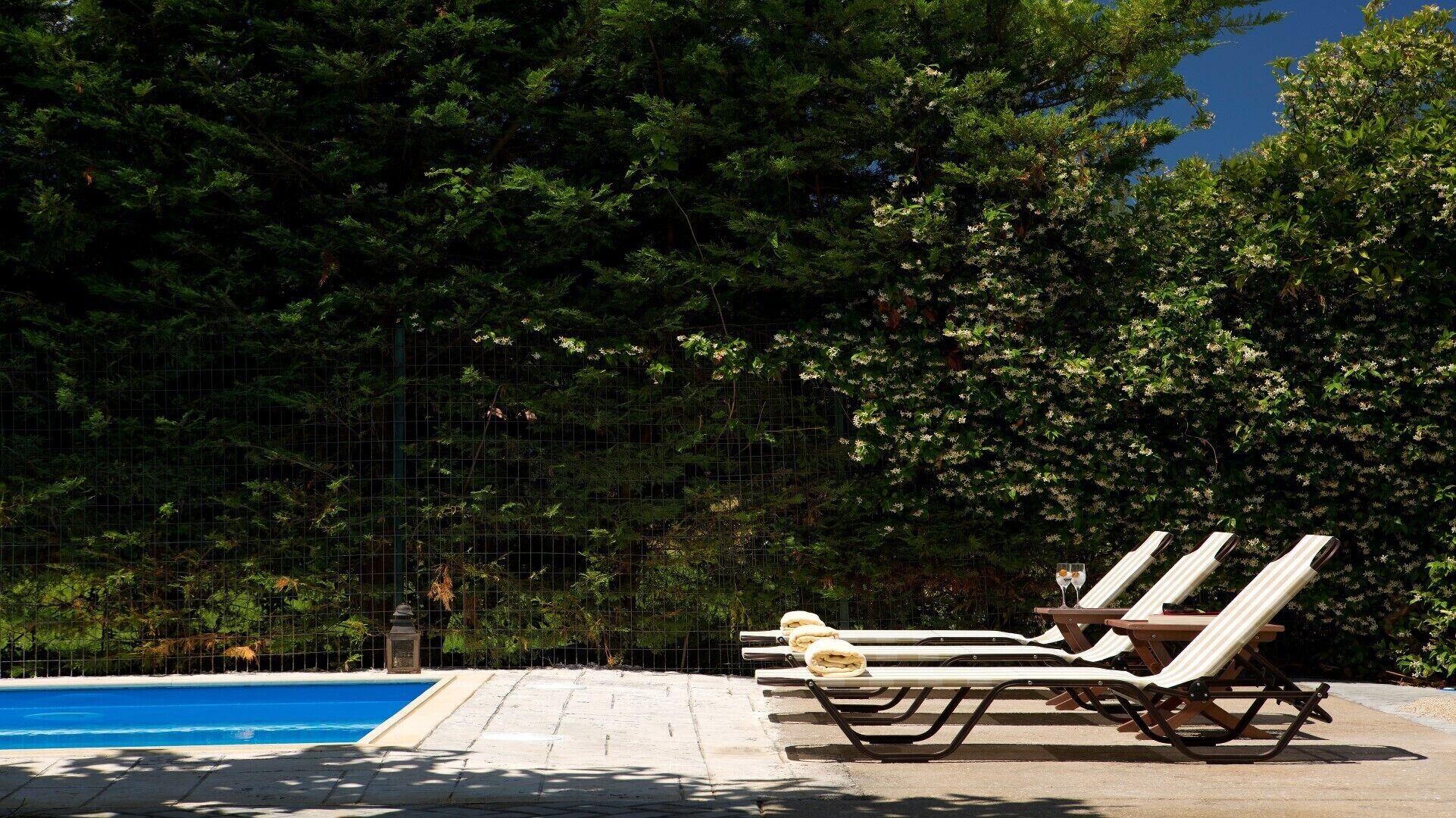A poolside area with lounge chairs and a clear blue pool.