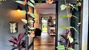 Una entrada moderna con un arco de concreto, plantas en macetas y un suelo de madera que conduce a una sala de estar.