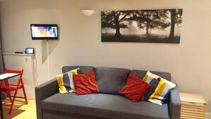Un salon avec un canapé gris, des coussins colorés, un téléviseur à écran plat, un tableau représentant des arbres et une table d’appoint en bois.