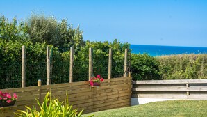 Una recinzione di legno con vista sull'oceano, un'area verdeggiante e alcune piante in vaso.