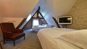 A bedroom with a sloped ceiling, a bed, a chair, and a television. - Rental bed and breakfast and gite in Lignieres 18160 (Lignières)