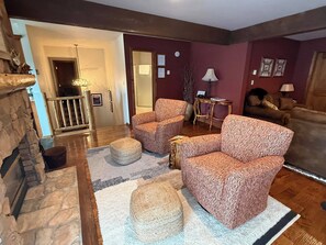 Smart TV, fireplace, foosball, music library