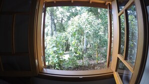 A room with a large, arched window overlooking a dense, green forest. - Encanto Chalet-1.5 km from the center, 3 bedrooms, sleeps 8. Spectacular mountain view! (Monte Verde)