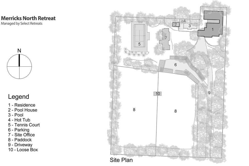 A site plan for Merricks North Retreat, including a residence, pool house, pool, hot tub, tennis court, parking, site office, paddock, driveway, and a loose box.